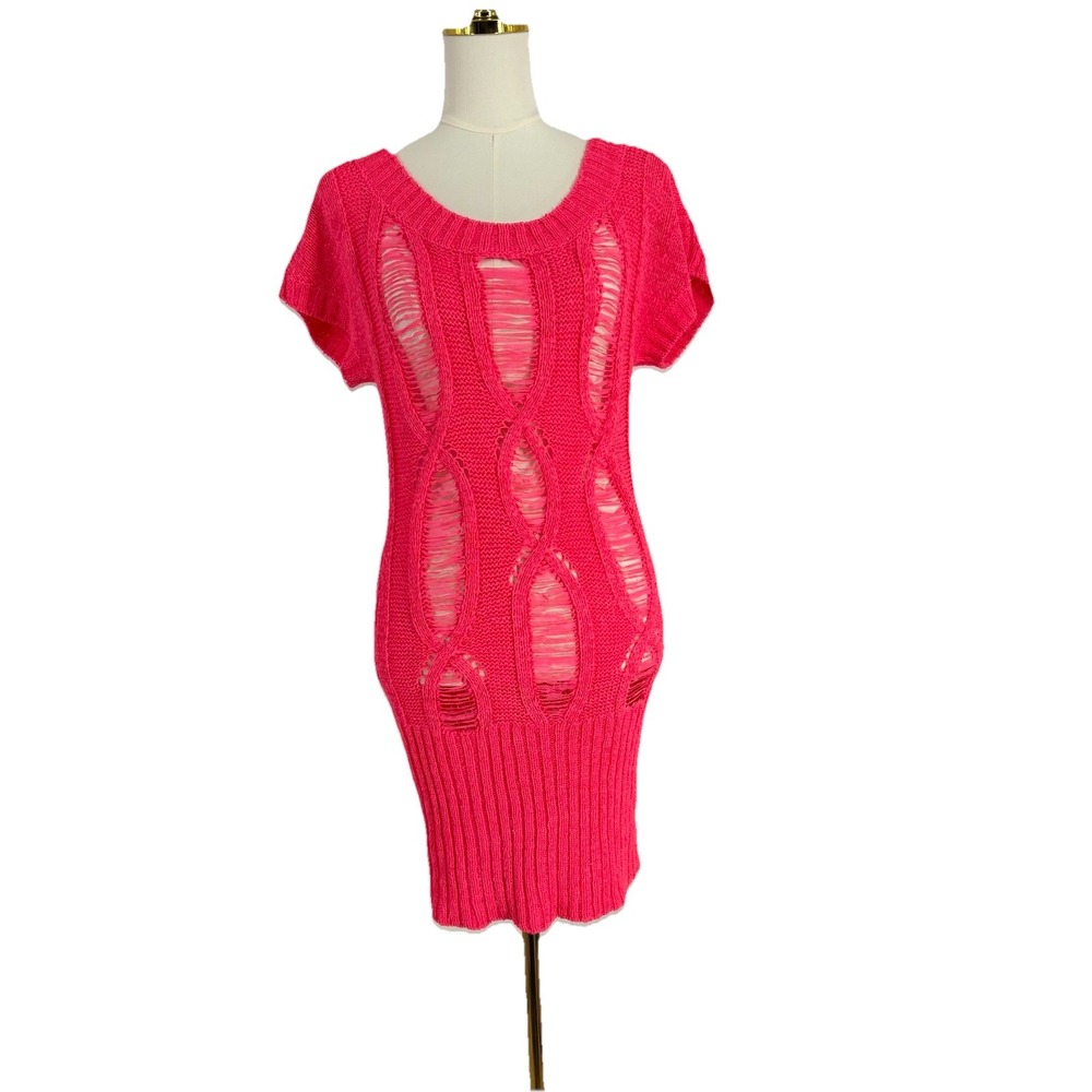 Y2K Baby Phat Women Distressed Sweater Dress L Neon Pink Chain Logo Indie Sleaze